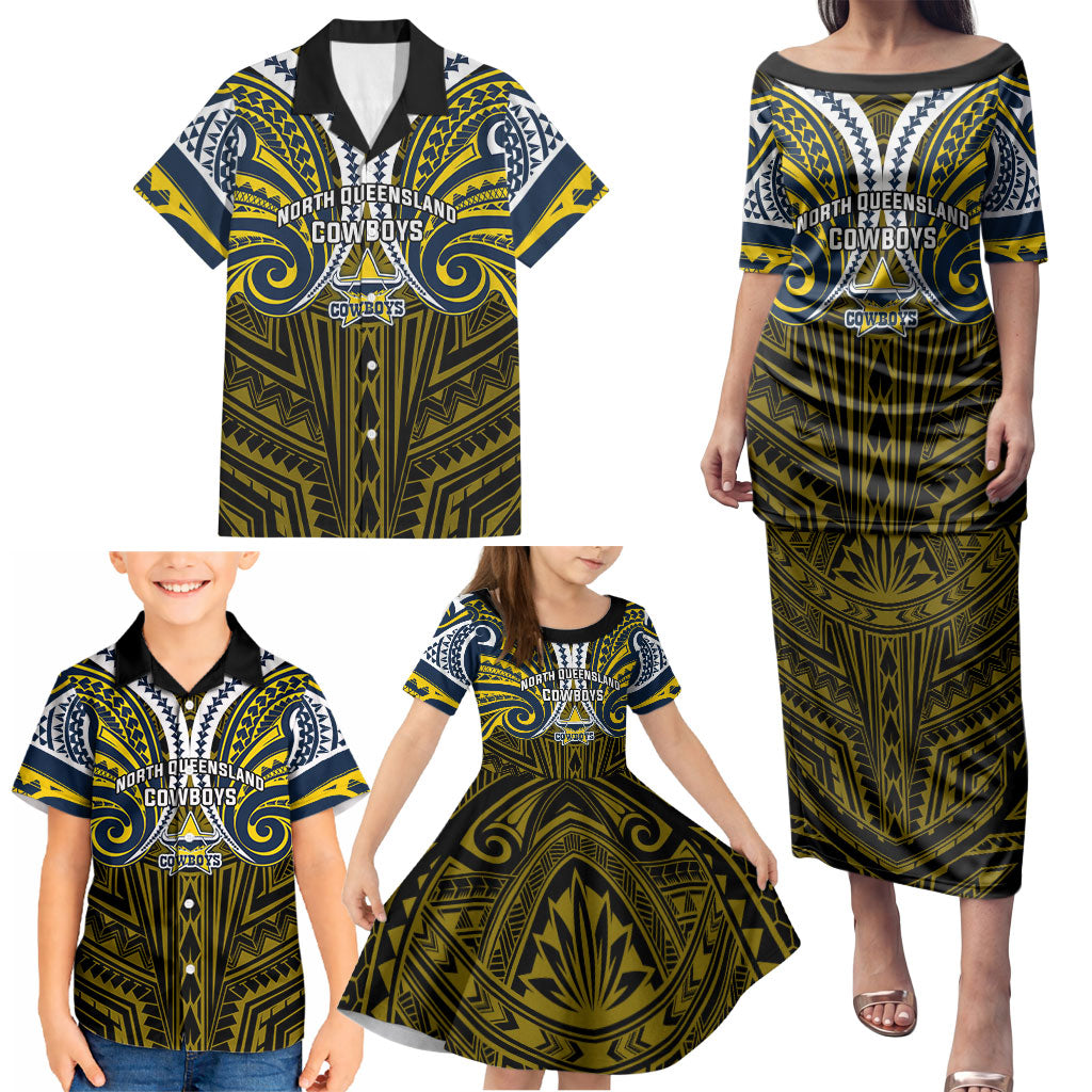 Custom North Queensland Cowboys Family Matching Puletasi and Hawaiian Shirt Bull Warrior Polynesia Islander Rugby Mascot