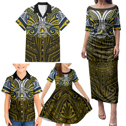 Custom North Queensland Cowboys Family Matching Puletasi and Hawaiian Shirt Bull Warrior Polynesia Islander Rugby Mascot