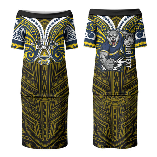 Custom North Queensland Cowboys Family Matching Puletasi and Hawaiian Shirt Bull Warrior Polynesia Islander Rugby Mascot