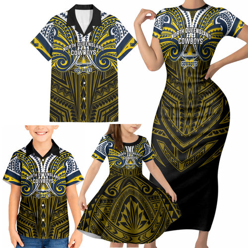 Custom North Queensland Cowboys Family Matching Short Sleeve Bodycon Dress and Hawaiian Shirt Bull Warrior Polynesia Islander Rugby Mascot