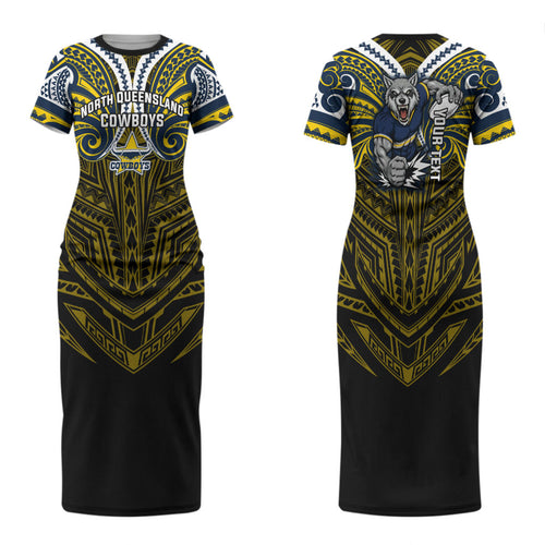 Custom North Queensland Cowboys Family Matching Short Sleeve Bodycon Dress and Hawaiian Shirt Bull Warrior Polynesia Islander Rugby Mascot