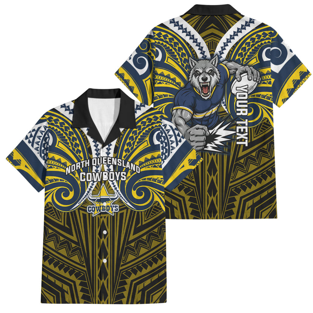 Custom North Queensland Cowboys Family Matching Short Sleeve Bodycon Dress and Hawaiian Shirt Bull Warrior Polynesia Islander Rugby Mascot