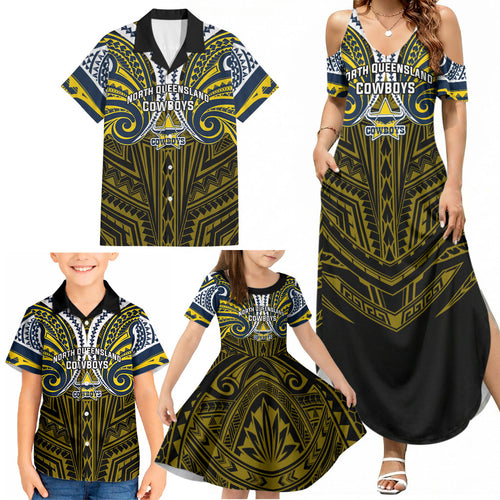 Custom North Queensland Cowboys Family Matching Summer Maxi Dress and Hawaiian Shirt Bull Warrior Polynesia Islander Rugby Mascot