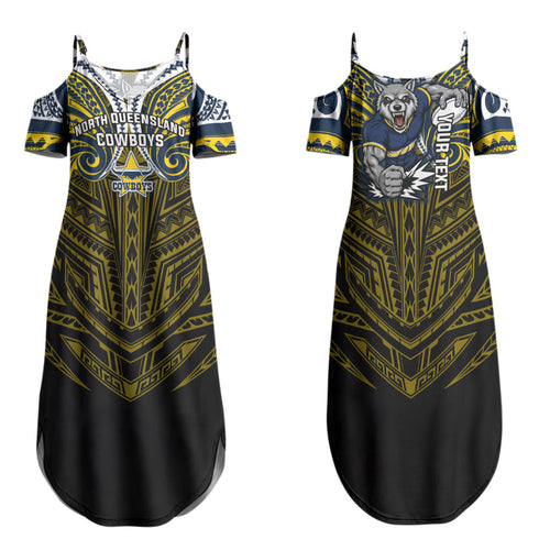 Custom North Queensland Cowboys Family Matching Summer Maxi Dress and Hawaiian Shirt Bull Warrior Polynesia Islander Rugby Mascot