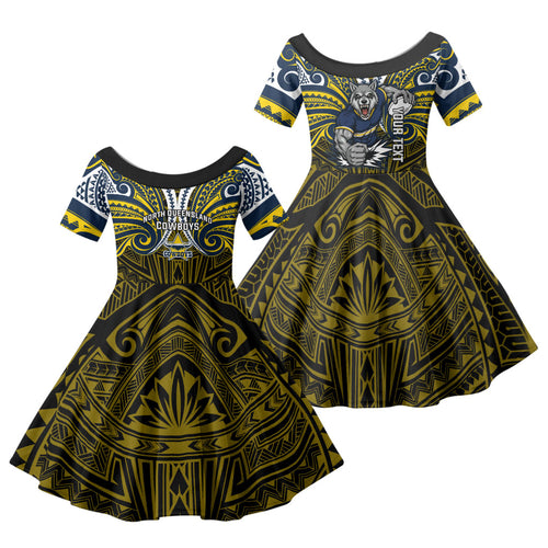 Custom North Queensland Cowboys Family Matching Summer Maxi Dress and Hawaiian Shirt Bull Warrior Polynesia Islander Rugby Mascot