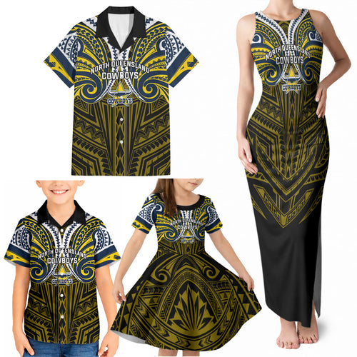 Custom North Queensland Cowboys Family Matching Tank Maxi Dress and Hawaiian Shirt Bull Warrior Polynesia Islander Rugby Mascot