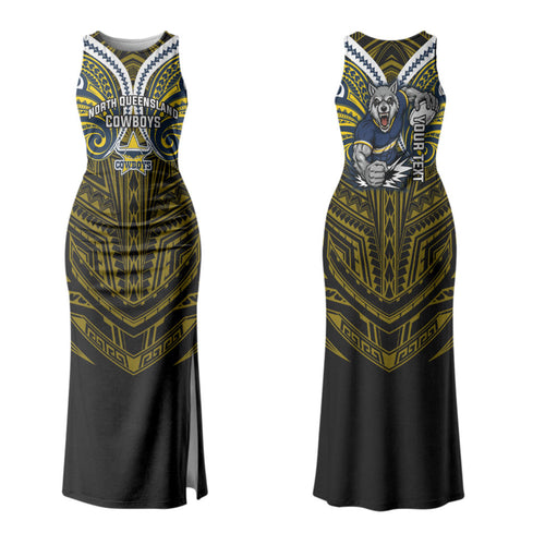 Custom North Queensland Cowboys Family Matching Tank Maxi Dress and Hawaiian Shirt Bull Warrior Polynesia Islander Rugby Mascot