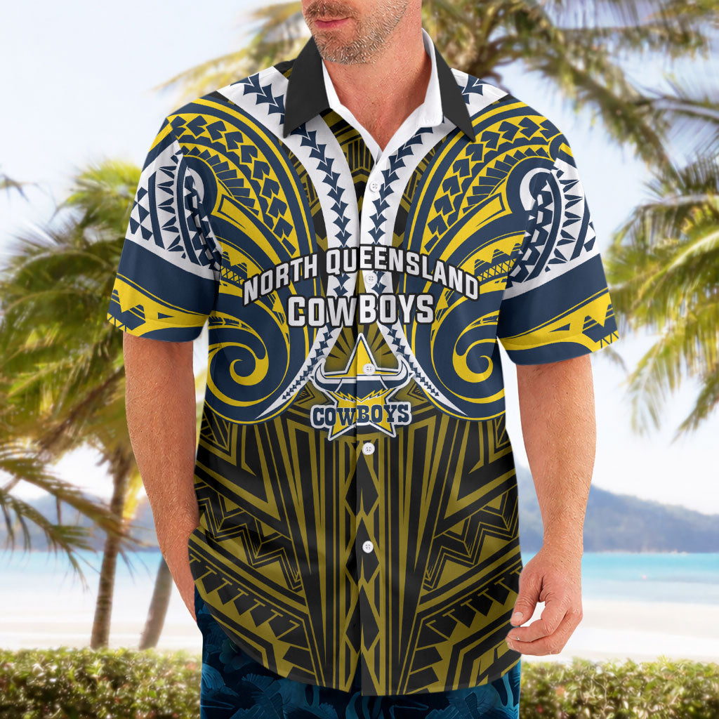 Custom North Queensland Cowboys Hawaiian Shirt Bull Warrior Polynesia Islander Rugby Mascot