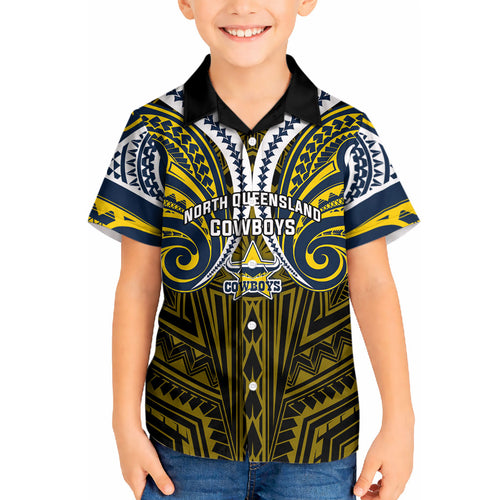 Custom North Queensland Cowboys Kid Hawaiian Shirt Bull Warrior Polynesia Islander Rugby Mascot