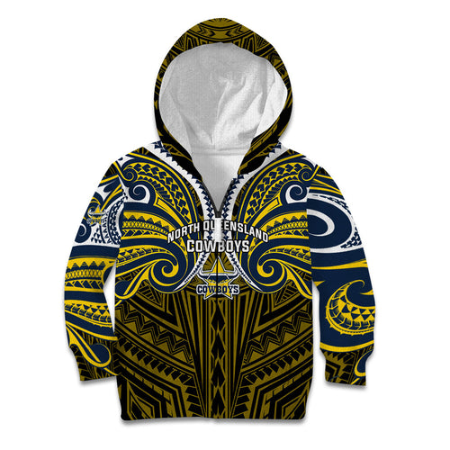 Custom North Queensland Cowboys Kid Hoodie Bull Warrior Polynesia Islander Rugby Mascot