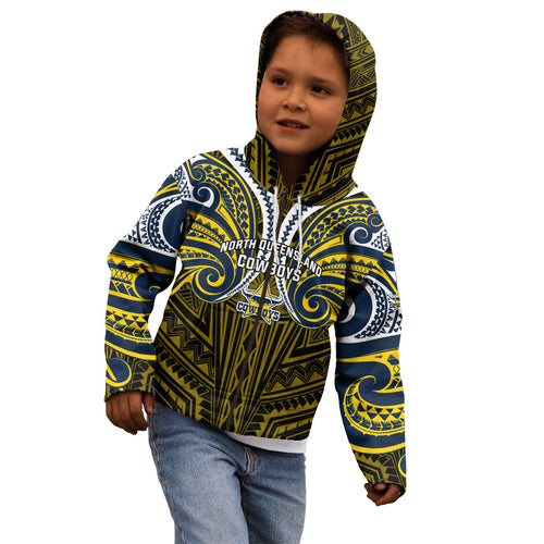Custom North Queensland Cowboys Kid Hoodie Bull Warrior Polynesia Islander Rugby Mascot