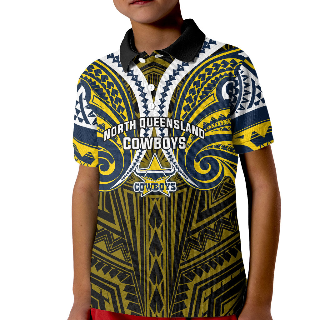 Custom North Queensland Cowboys Kid Polo Shirt Bull Warrior Polynesia Islander Rugby Mascot