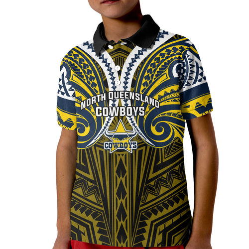 Custom North Queensland Cowboys Kid Polo Shirt Bull Warrior Polynesia Islander Rugby Mascot