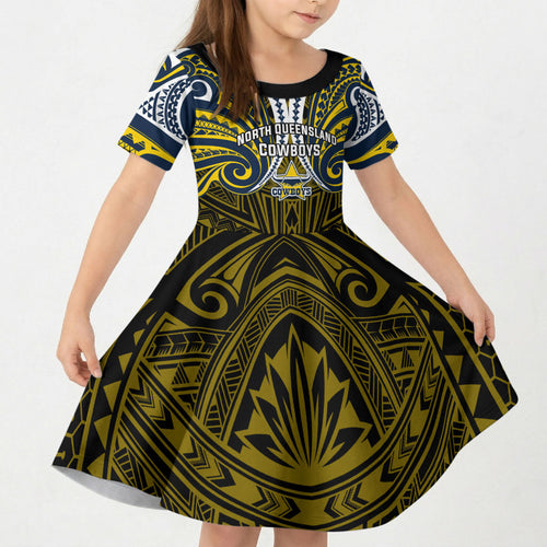 Custom North Queensland Cowboys Kid Short Sleeve Dress Bull Warrior Polynesia Islander Rugby Mascot