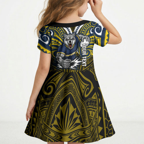 Custom North Queensland Cowboys Kid Short Sleeve Dress Bull Warrior Polynesia Islander Rugby Mascot