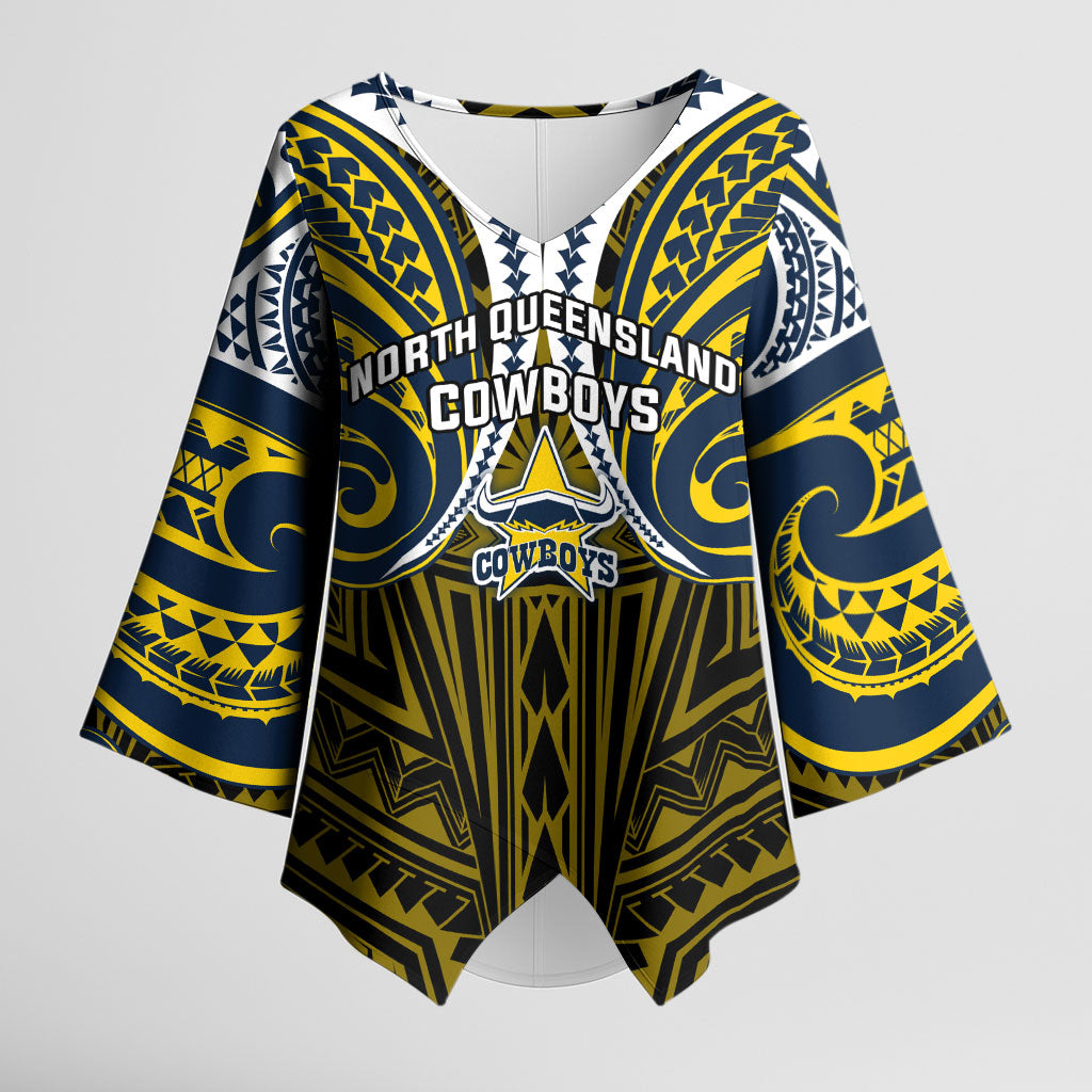 Custom North Queensland Cowboys Kimono Sleeve Blouse Bull Warrior Polynesia Islander Rugby Mascot