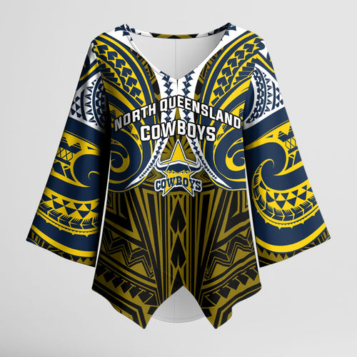 Custom North Queensland Cowboys Kimono Sleeve Blouse Bull Warrior Polynesia Islander Rugby Mascot