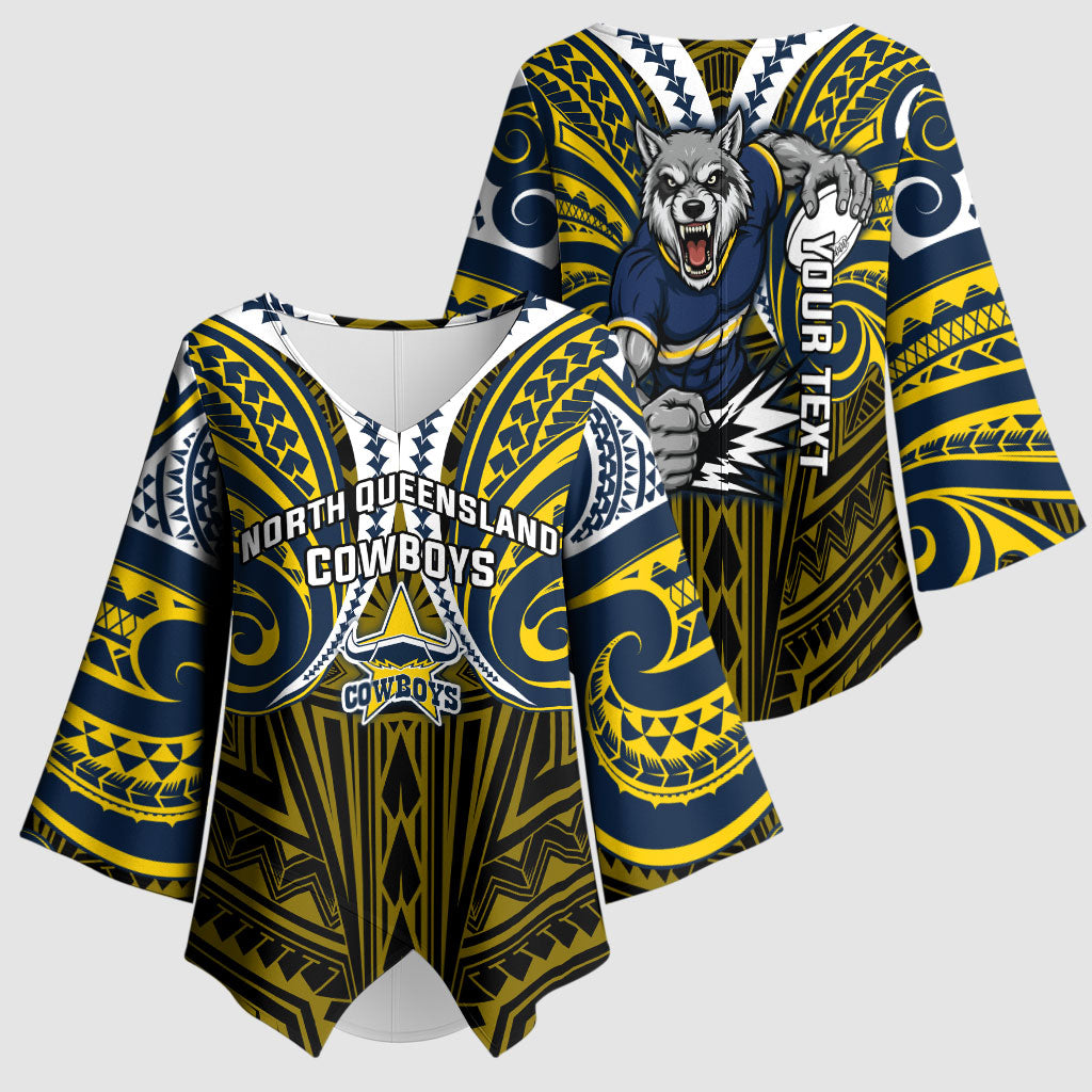 Custom North Queensland Cowboys Kimono Sleeve Blouse Bull Warrior Polynesia Islander Rugby Mascot