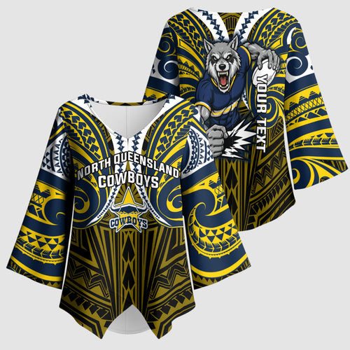 Custom North Queensland Cowboys Kimono Sleeve Blouse Bull Warrior Polynesia Islander Rugby Mascot