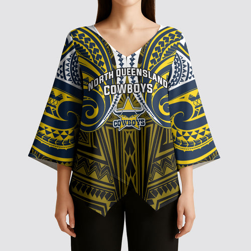 Custom North Queensland Cowboys Kimono Sleeve Blouse Bull Warrior Polynesia Islander Rugby Mascot