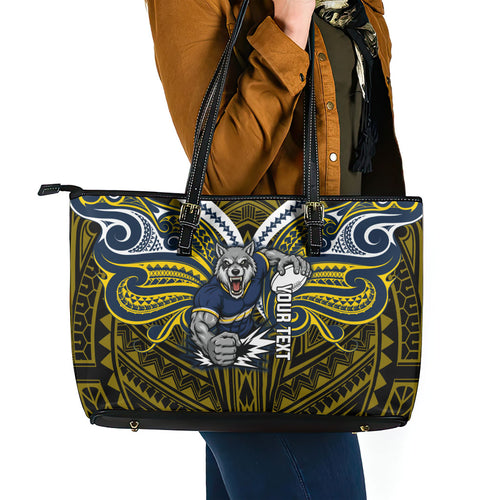 Custom North Queensland Cowboys Leather Tote Bag Bull Warrior Polynesia Islander Rugby Mascot