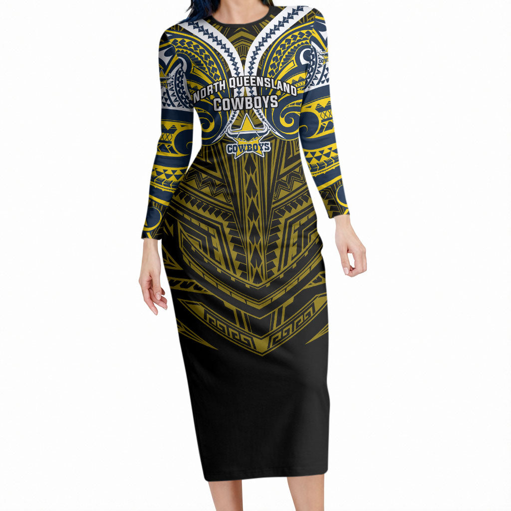 Custom North Queensland Cowboys Long Sleeve Bodycon Dress Bull Warrior Polynesia Islander Rugby Mascot