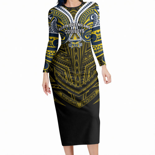 Custom North Queensland Cowboys Long Sleeve Bodycon Dress Bull Warrior Polynesia Islander Rugby Mascot