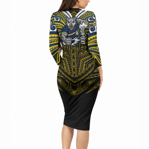 Custom North Queensland Cowboys Long Sleeve Bodycon Dress Bull Warrior Polynesia Islander Rugby Mascot