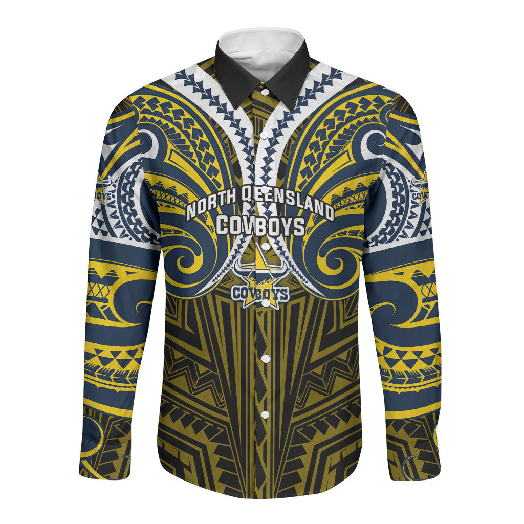 Custom North Queensland Cowboys Long Sleeve Button Shirt Bull Warrior Polynesia Islander Rugby Mascot