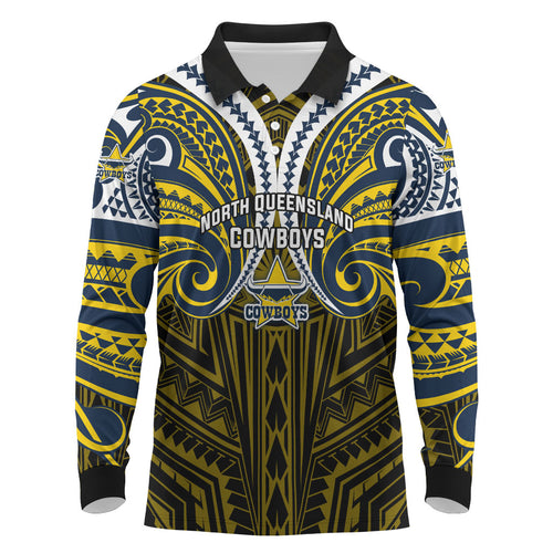 Custom North Queensland Cowboys Long Sleeve Polo Shirt Bull Warrior Polynesia Islander Rugby Mascot