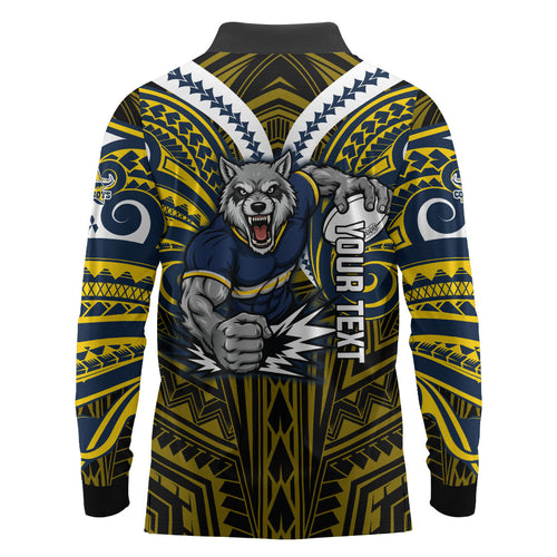 Custom North Queensland Cowboys Long Sleeve Polo Shirt Bull Warrior Polynesia Islander Rugby Mascot