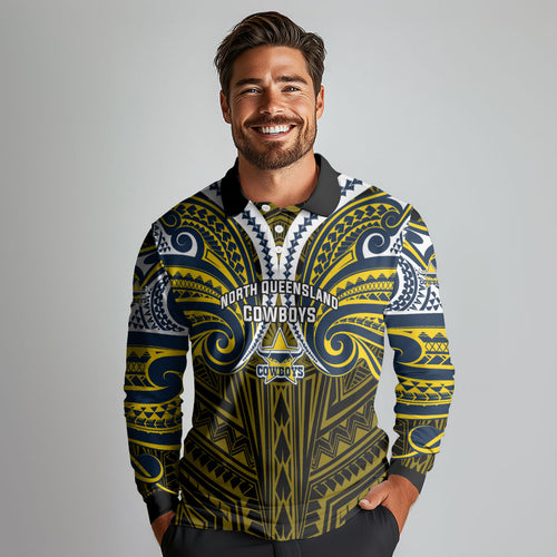 Custom North Queensland Cowboys Long Sleeve Polo Shirt Bull Warrior Polynesia Islander Rugby Mascot
