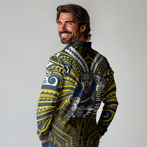 Custom North Queensland Cowboys Long Sleeve Polo Shirt Bull Warrior Polynesia Islander Rugby Mascot
