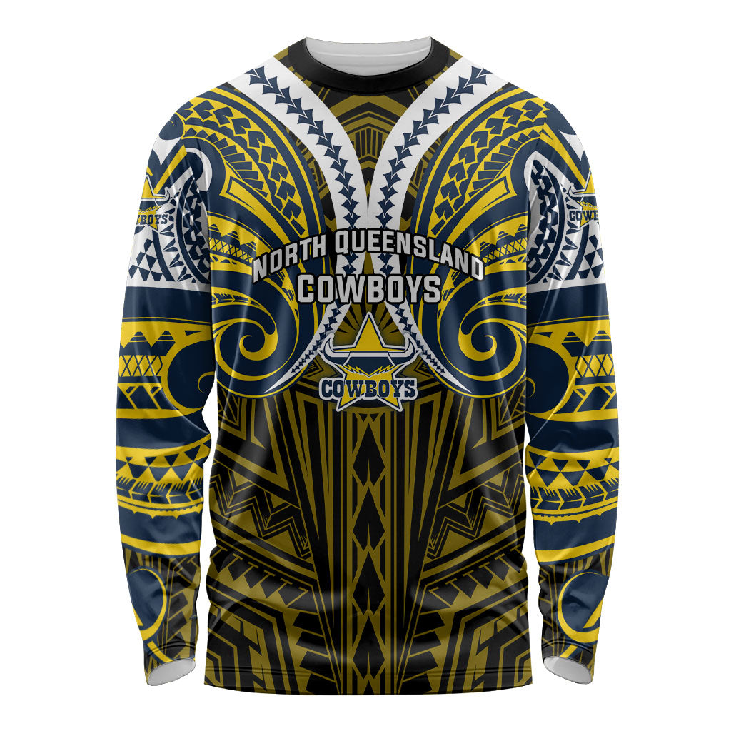Custom North Queensland Cowboys Long Sleeve Shirt Bull Warrior Polynesia Islander Rugby Mascot