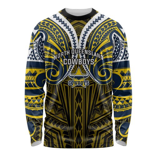 Custom North Queensland Cowboys Long Sleeve Shirt Bull Warrior Polynesia Islander Rugby Mascot