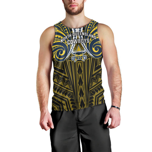 Custom North Queensland Cowboys Men Tank Top Bull Warrior Polynesia Islander Rugby Mascot