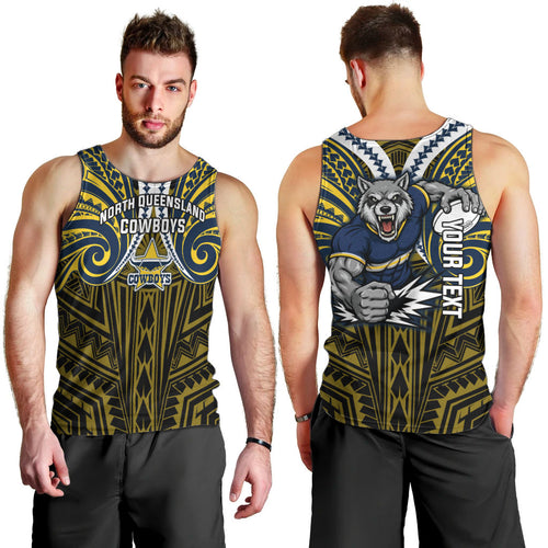 Custom North Queensland Cowboys Men Tank Top Bull Warrior Polynesia Islander Rugby Mascot
