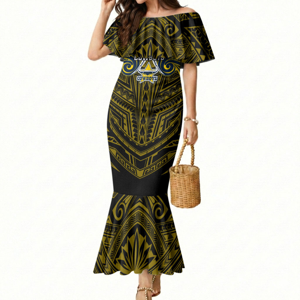 Custom North Queensland Cowboys Mermaid Dress Bull Warrior Polynesia Islander Rugby Mascot