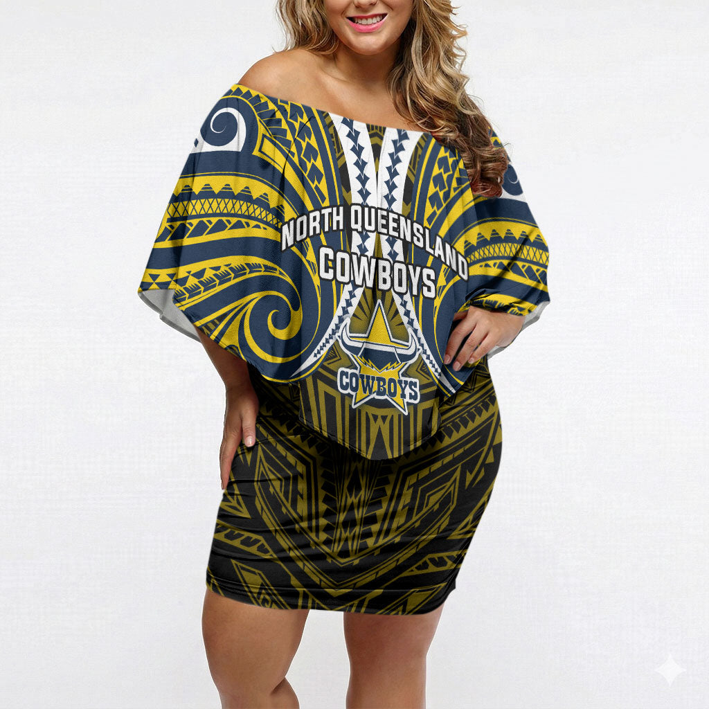 Custom North Queensland Cowboys Off Shoulder Short Dress Bull Warrior Polynesia Islander Rugby Mascot