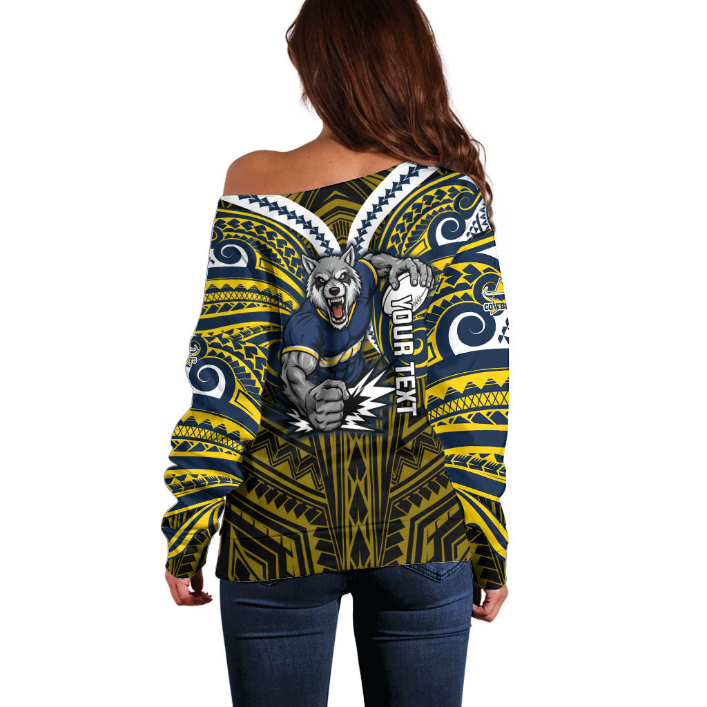 Custom North Queensland Cowboys Off Shoulder Sweater Bull Warrior Polynesia Islander Rugby Mascot