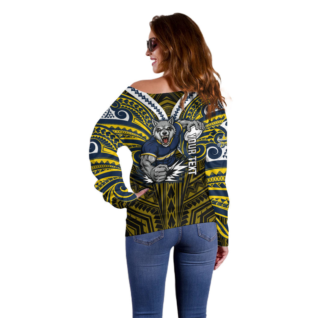 Custom North Queensland Cowboys Off Shoulder Sweater Bull Warrior Polynesia Islander Rugby Mascot