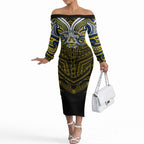 Custom North Queensland Cowboys Off The Shoulder Long Sleeve Dress Bull Warrior Polynesia Islander Rugby Mascot