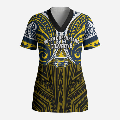 Custom North Queensland Cowboys Scrub Top Bull Warrior Polynesia Islander Rugby Mascot