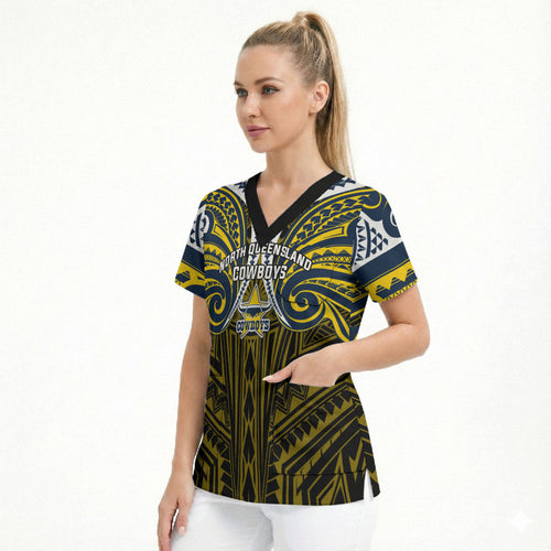 Custom North Queensland Cowboys Scrub Top Bull Warrior Polynesia Islander Rugby Mascot