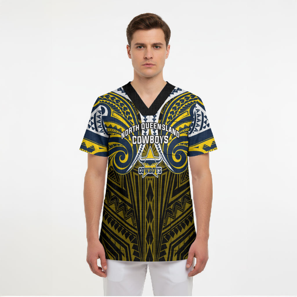 Custom North Queensland Cowboys Scrub Top Bull Warrior Polynesia Islander Rugby Mascot