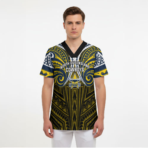 Custom North Queensland Cowboys Scrub Top Bull Warrior Polynesia Islander Rugby Mascot