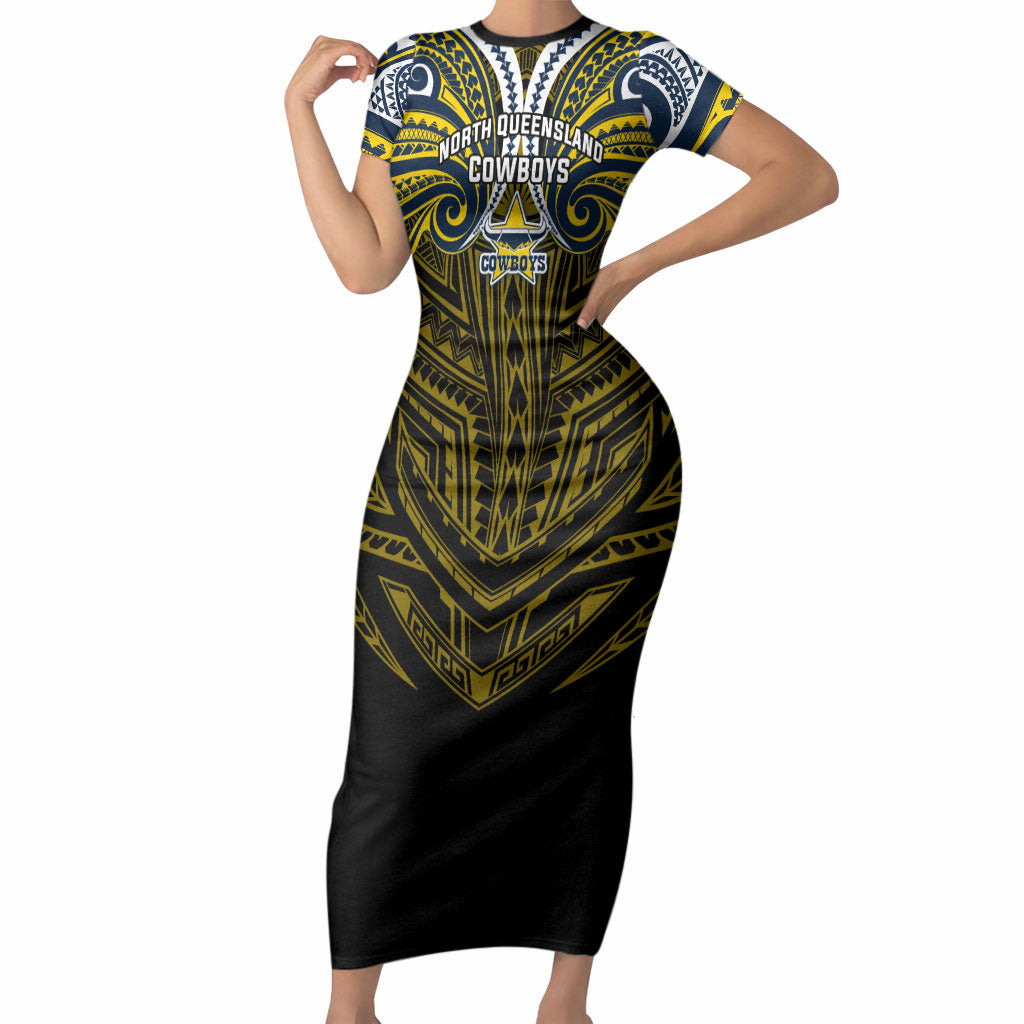 Custom North Queensland Cowboys Short Sleeve Bodycon Dress Bull Warrior Polynesia Islander Rugby Mascot