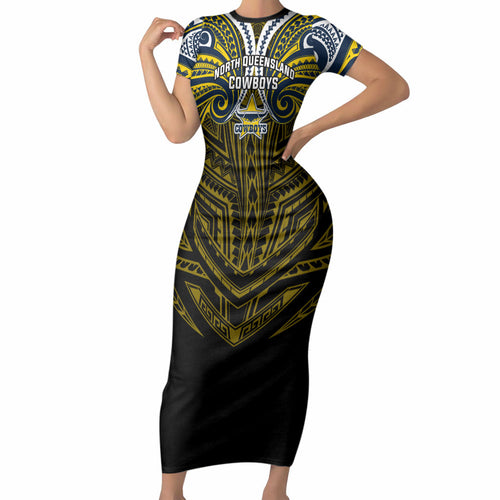 Custom North Queensland Cowboys Short Sleeve Bodycon Dress Bull Warrior Polynesia Islander Rugby Mascot