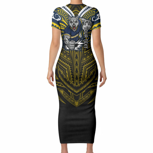 Custom North Queensland Cowboys Short Sleeve Bodycon Dress Bull Warrior Polynesia Islander Rugby Mascot