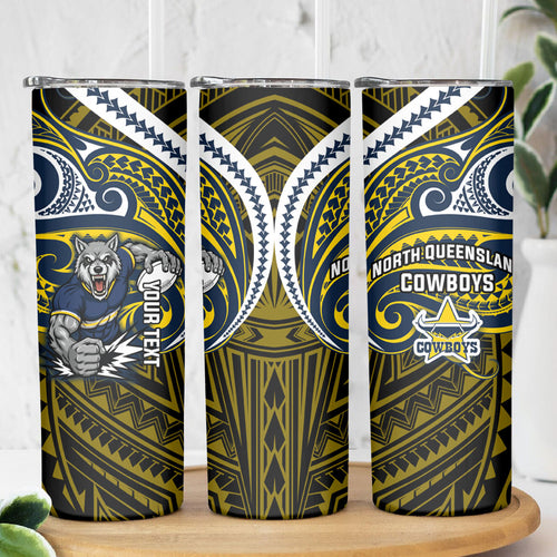 Custom North Queensland Cowboys Skinny Tumbler Bull Warrior Polynesia Islander Rugby Mascot